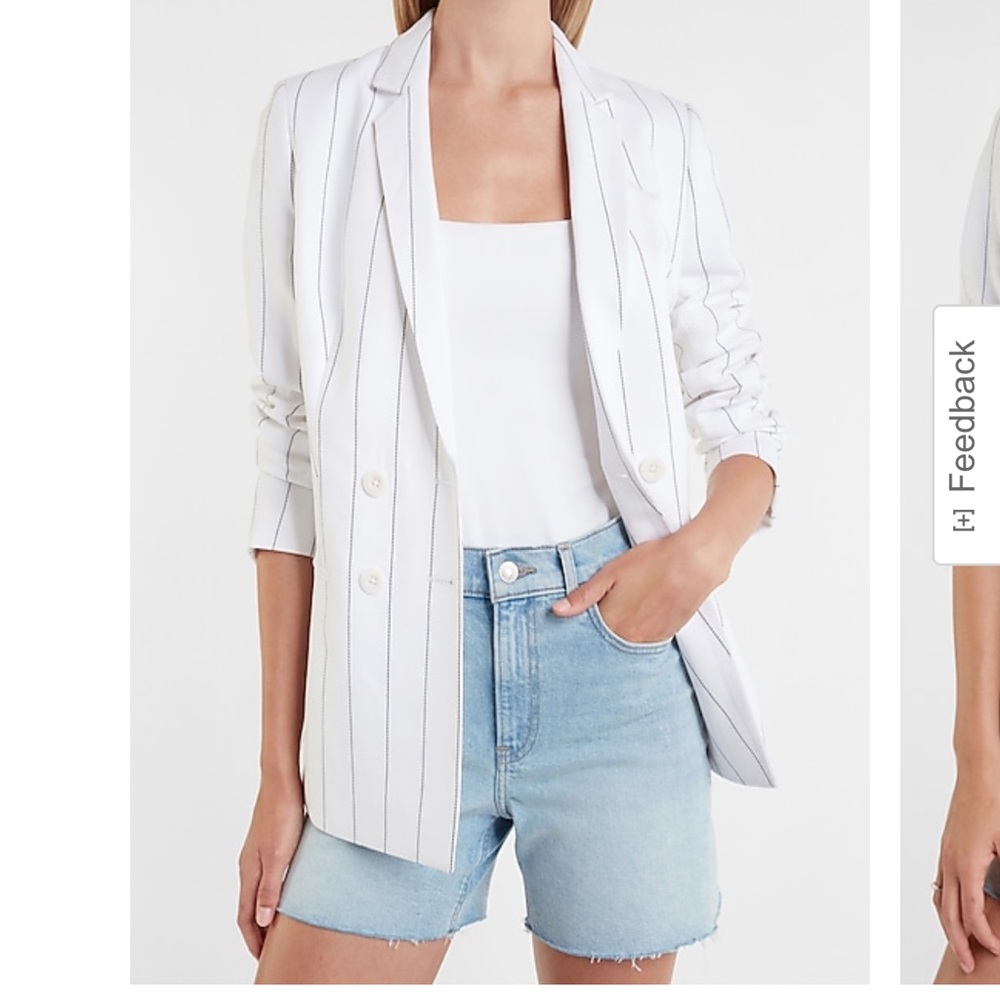 Pinstriped Linen-Blend Double Breasted Boyfriend Blazer